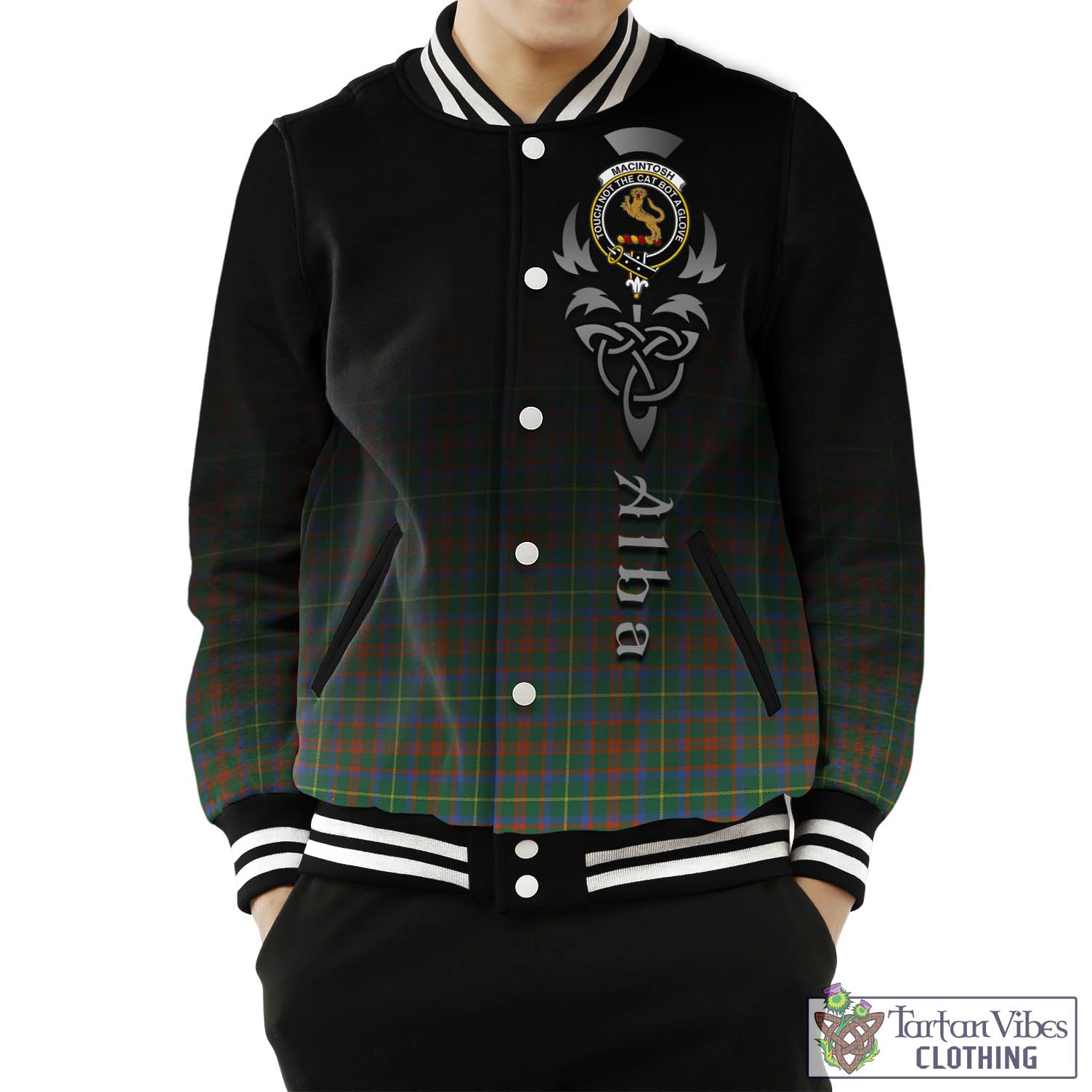 Tartan Vibes Clothing MacIntosh Hunting Ancient Tartan Baseball Jacket Featuring Alba Gu Brath Family Crest Celtic Inspired