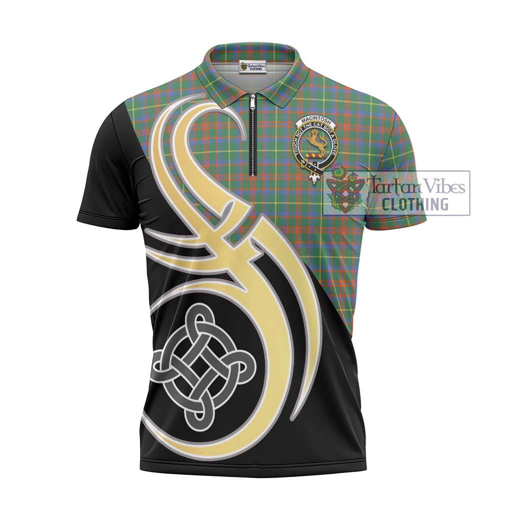 Tartan Vibes Clothing MacIntosh Hunting Ancient Tartan Zipper Polo Shirt with Family Crest and Celtic Symbol Style