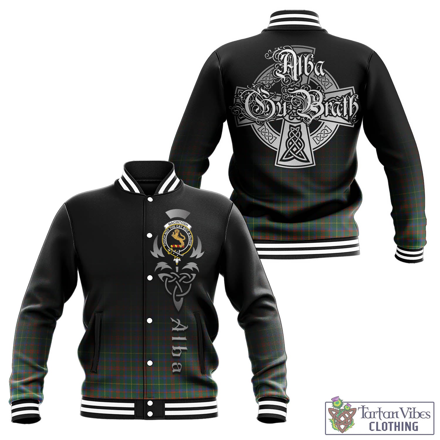 Tartan Vibes Clothing MacIntosh Hunting Ancient Tartan Baseball Jacket Featuring Alba Gu Brath Family Crest Celtic Inspired