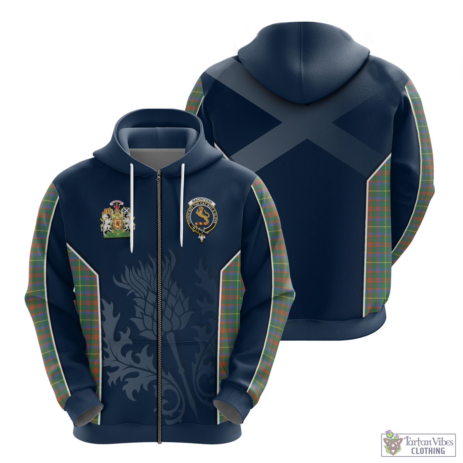 Tartan Vibes Clothing MacIntosh Hunting Ancient Tartan Hoodie with Family Crest and Scottish Thistle Vibes Sport Style