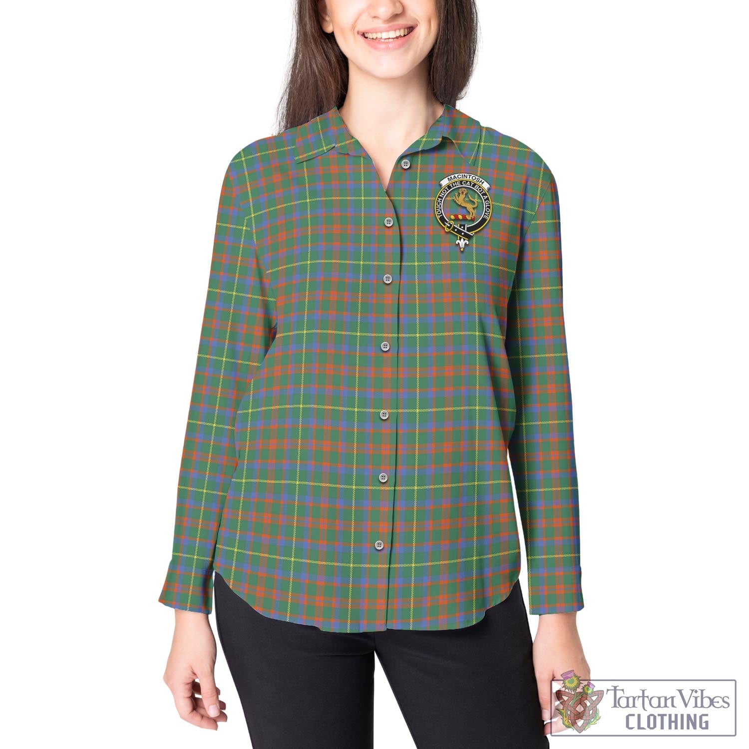 Tartan Vibes Clothing MacIntosh Hunting Ancient Tartan Womens Casual Shirt with Family Crest