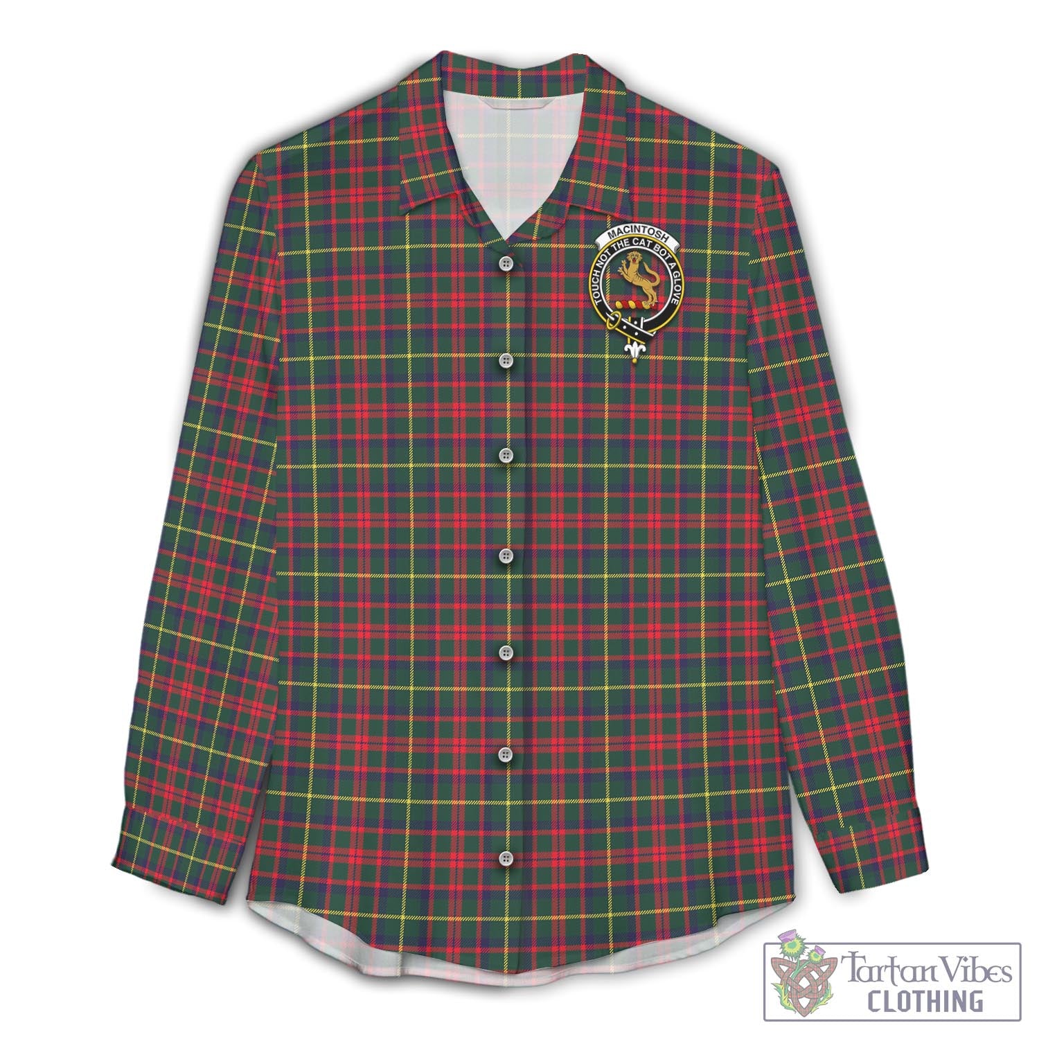 Tartan Vibes Clothing MacIntosh Hunting Modern Tartan Womens Casual Shirt with Family Crest