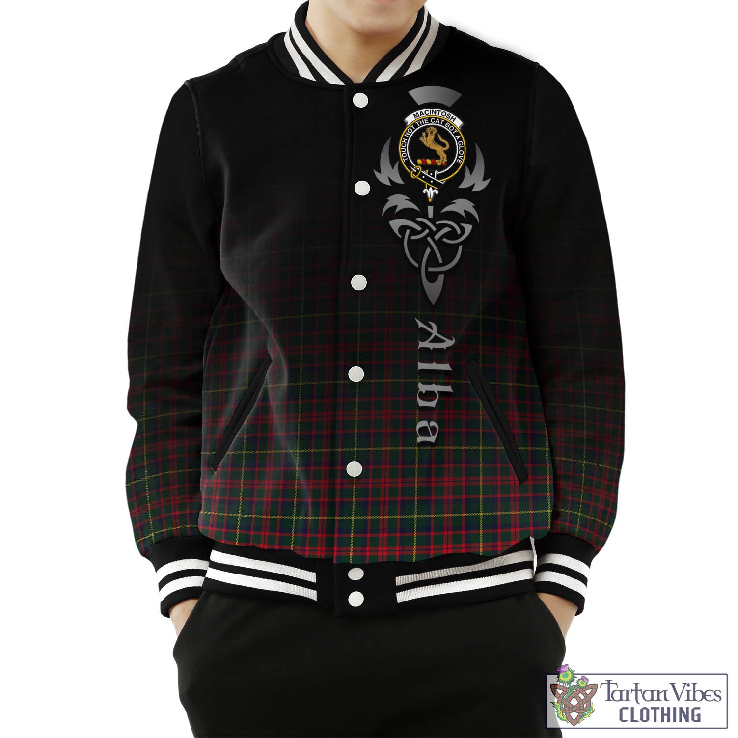 Tartan Vibes Clothing MacIntosh Hunting Modern Tartan Baseball Jacket Featuring Alba Gu Brath Family Crest Celtic Inspired