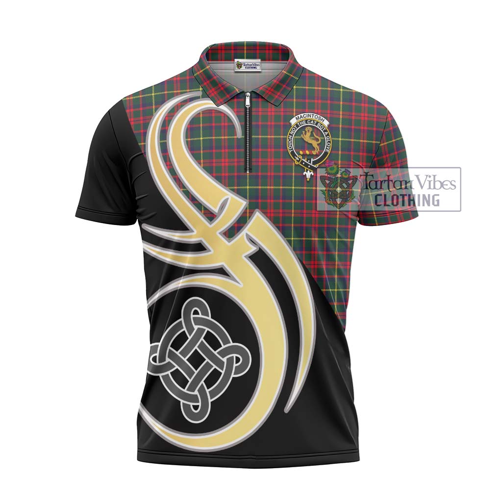 Tartan Vibes Clothing MacIntosh Hunting Modern Tartan Zipper Polo Shirt with Family Crest and Celtic Symbol Style