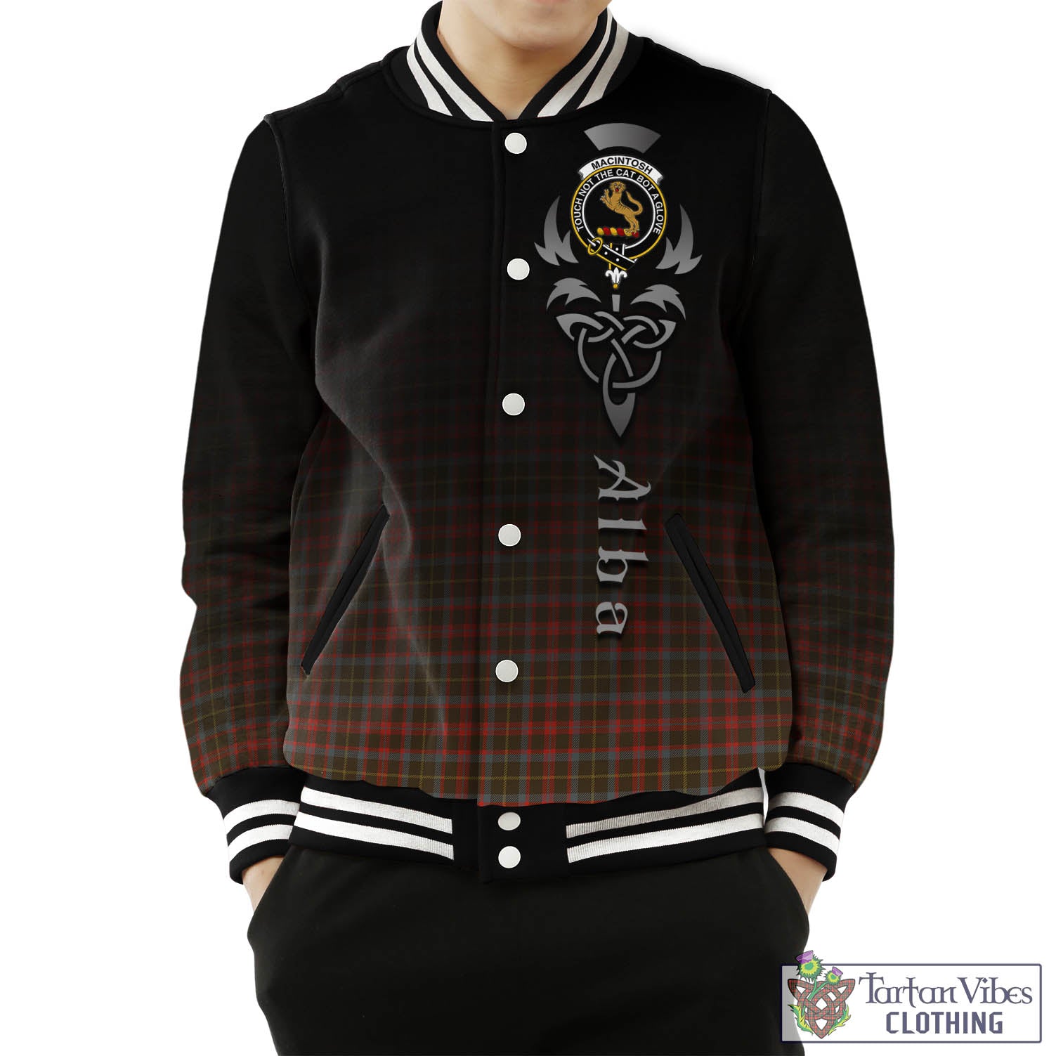 Tartan Vibes Clothing MacIntosh Hunting Weathered Tartan Baseball Jacket Featuring Alba Gu Brath Family Crest Celtic Inspired