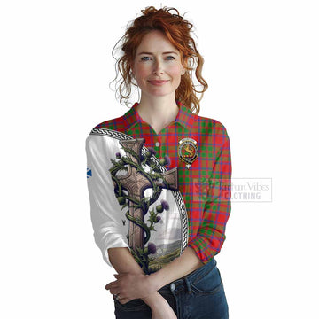 MacIntosh (McIntosh) Tartan Women's Casual Shirt with Family Crest and St. Andrew's Cross Accented by Thistle Vines