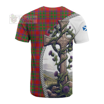 MacIntosh (McIntosh) Tartan Cotton T-shirt with Family Crest and St. Andrew's Cross Accented by Thistle Vines - Tartan Vibes Clothing