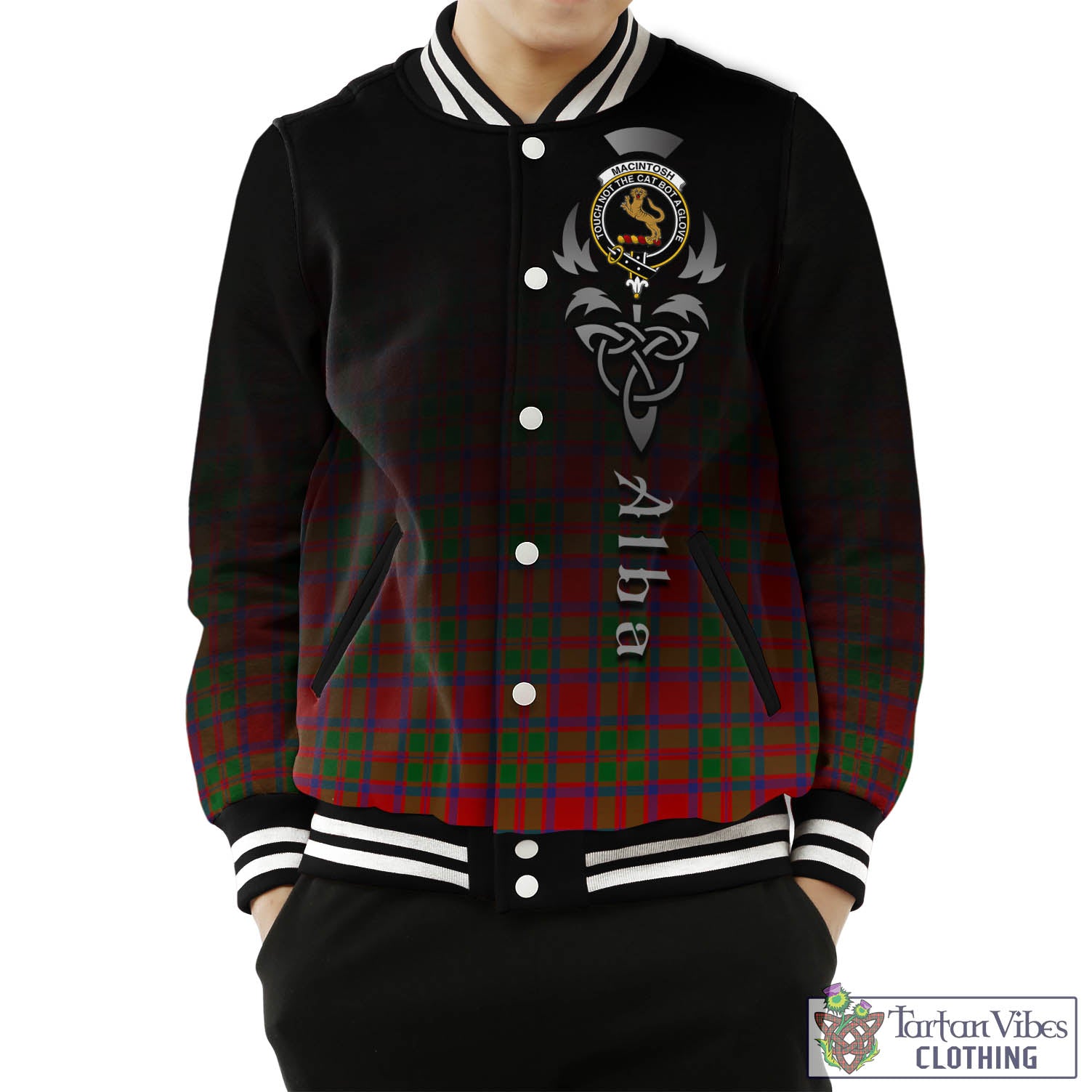 Tartan Vibes Clothing MacIntosh Modern Tartan Baseball Jacket Featuring Alba Gu Brath Family Crest Celtic Inspired