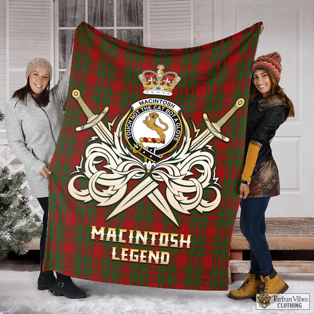 Tartan Vibes Clothing MacIntosh Red Tartan Blanket with Clan Crest and the Golden Sword of Courageous Legacy