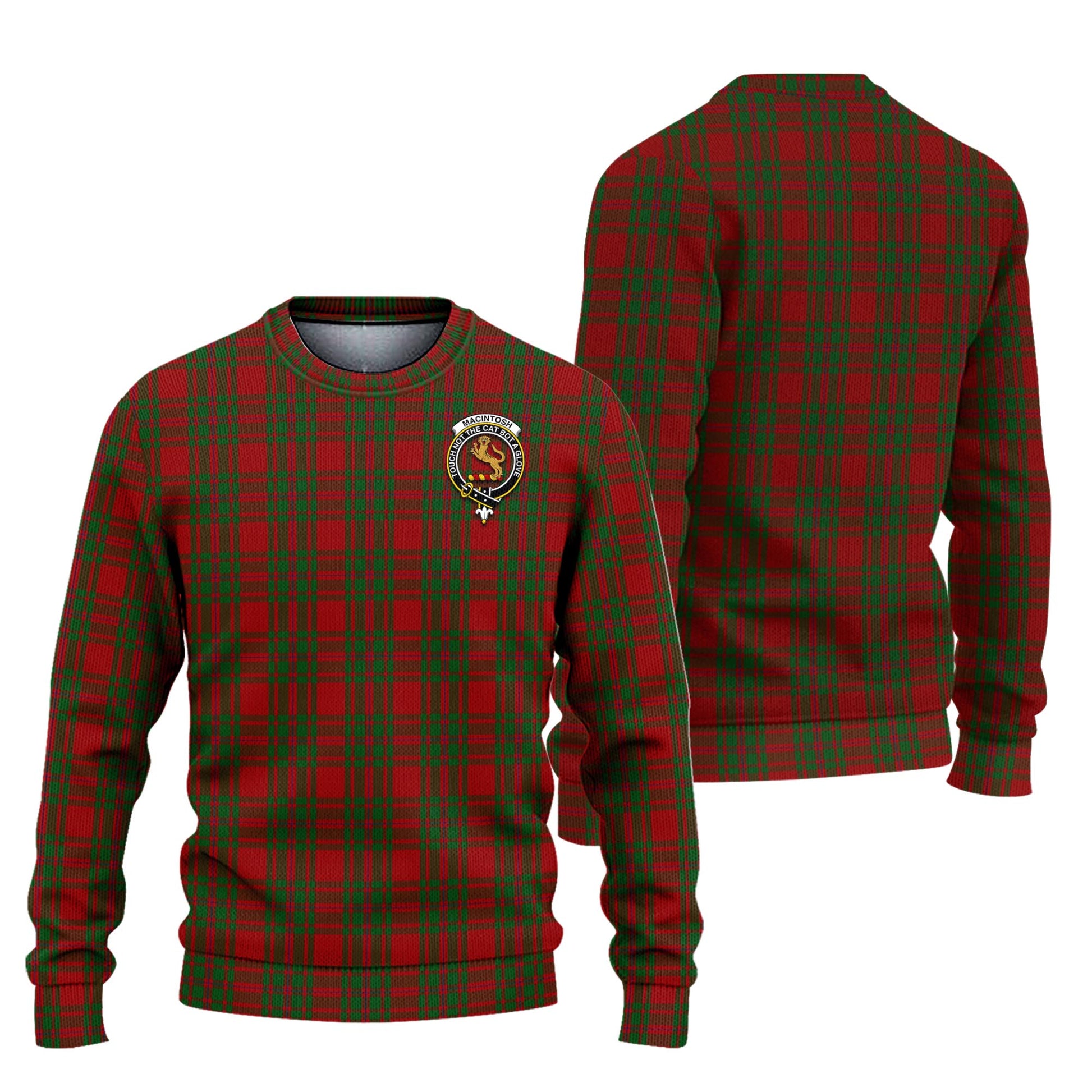 MacIntosh Red Tartan Knitted Sweater with Family Crest Unisex - Tartanvibesclothing