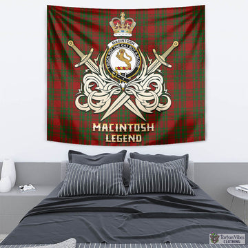 MacIntosh Red Tartan Tapestry with Clan Crest and the Golden Sword of Courageous Legacy