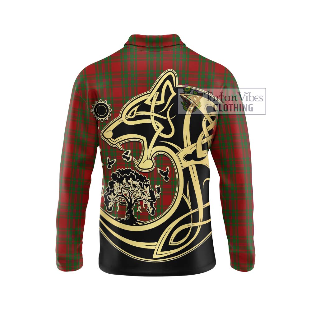 MacIntosh Red Tartan Long Sleeve Polo Shirt with Family Crest Celtic Wolf Style - Tartanvibesclothing Shop