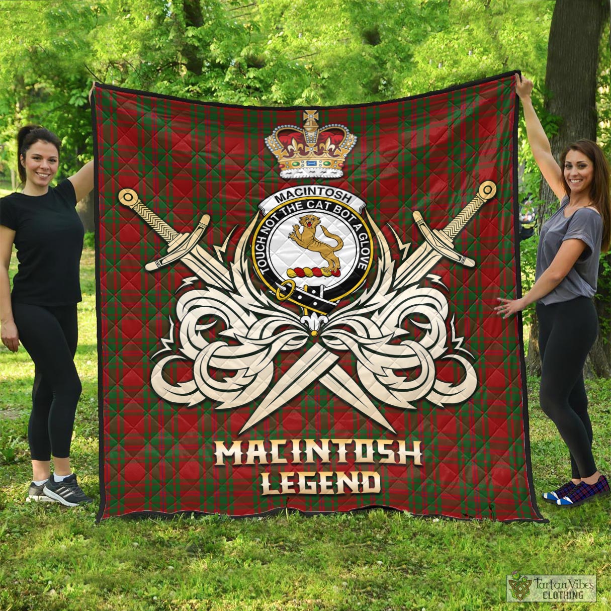 Tartan Vibes Clothing MacIntosh Red Tartan Quilt with Clan Crest and the Golden Sword of Courageous Legacy