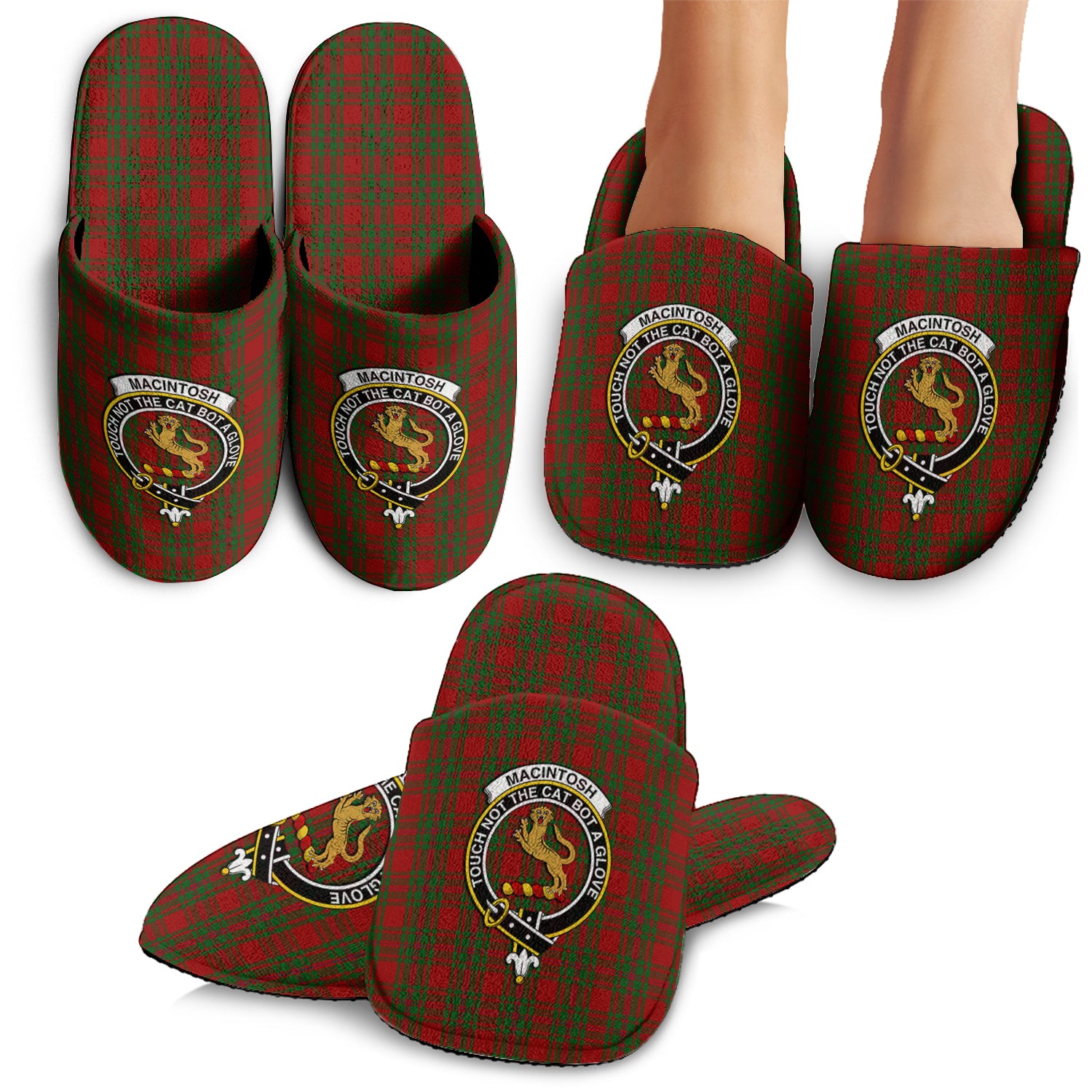 MacIntosh Red Tartan Home Slippers with Family Crest - Tartanvibesclothing