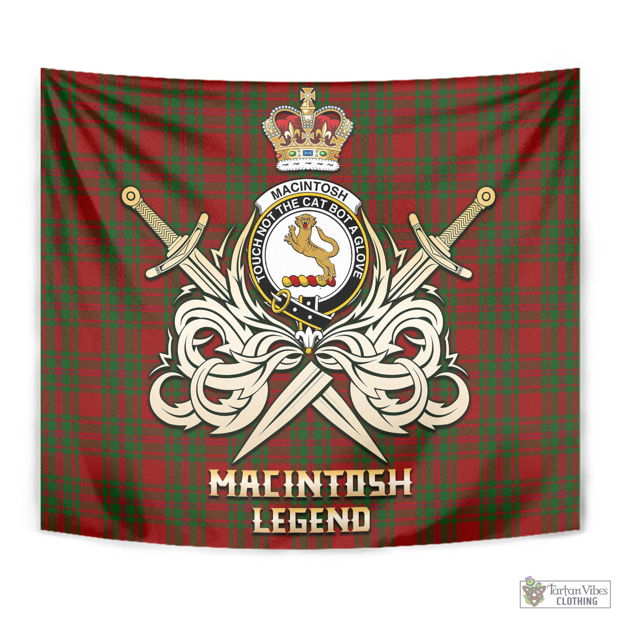 Tartan Vibes Clothing MacIntosh Red Tartan Tapestry with Clan Crest and the Golden Sword of Courageous Legacy