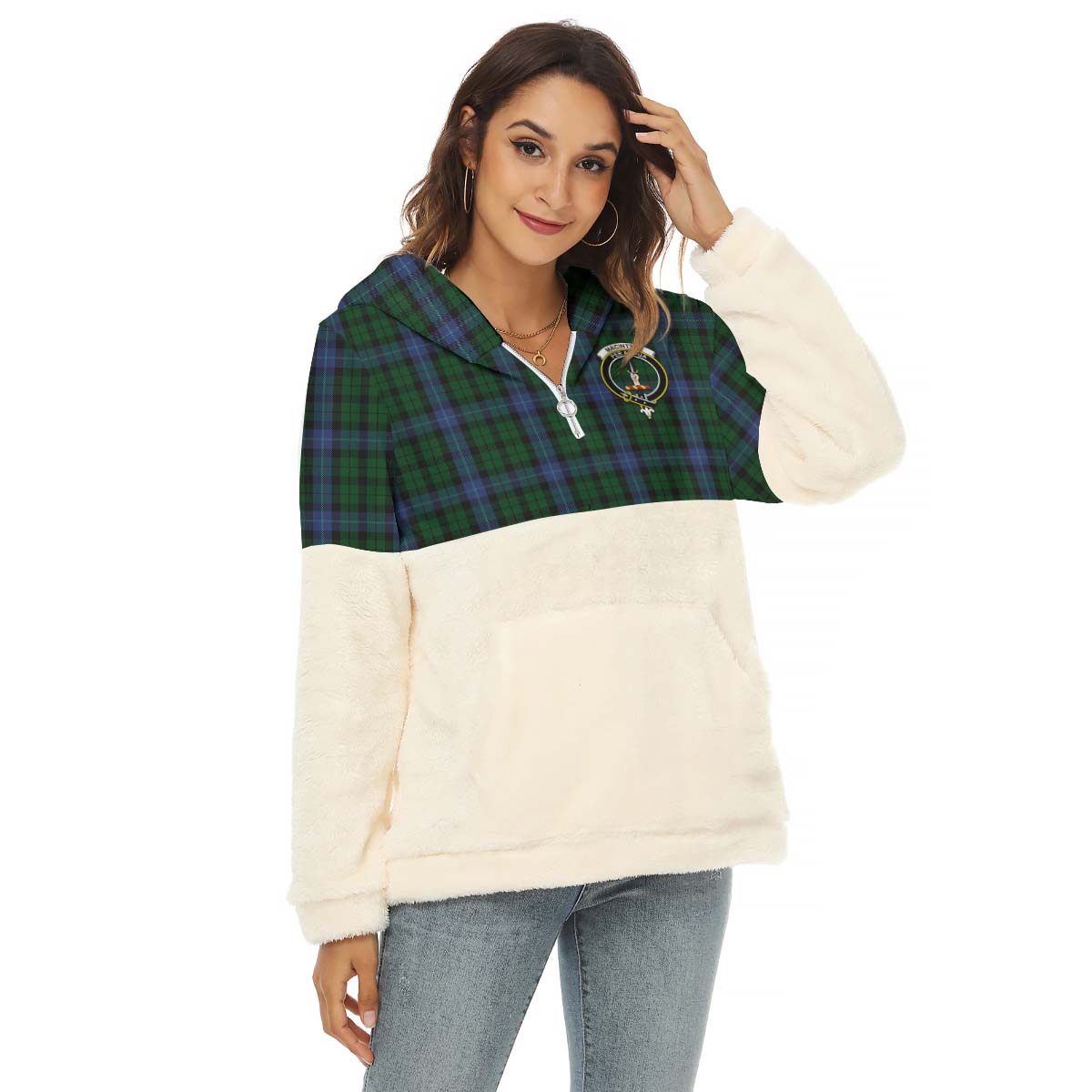 MacIntyre (McIntyre) Tartan Half Style Women's Borg Fleece Hoodie with Half Zip with Family Crest Female - Tartan Vibes Clothing