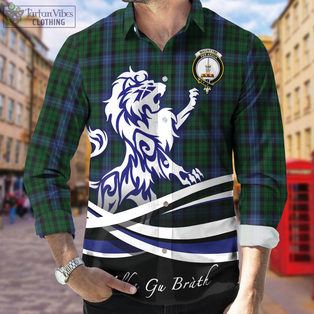 MacIntyre (McIntyre) Tartan Long Sleeve Button Up Shirt with Alba Gu Brath Regal Lion Emblem Men's Shirt - Tartan Vibes Clothing