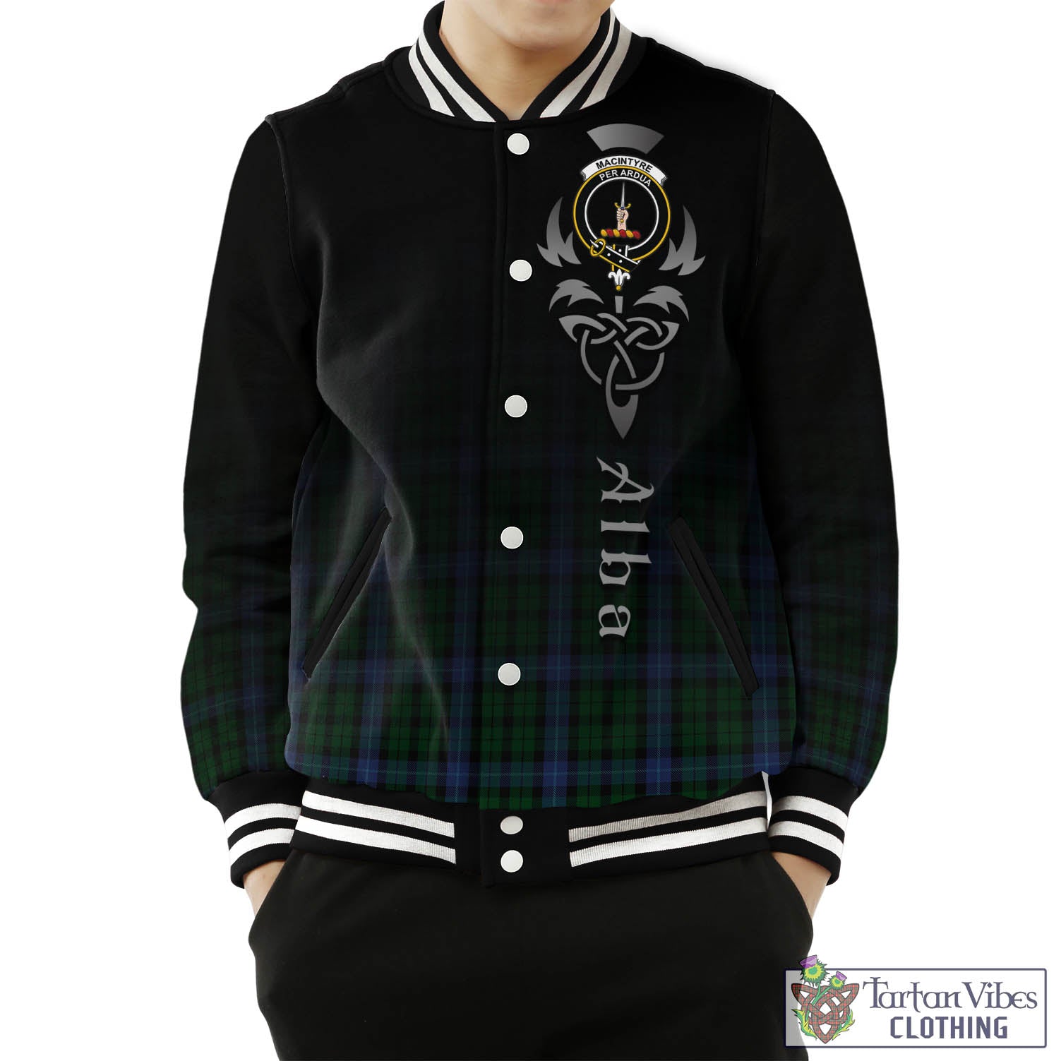 Tartan Vibes Clothing MacIntyre Tartan Baseball Jacket Featuring Alba Gu Brath Family Crest Celtic Inspired