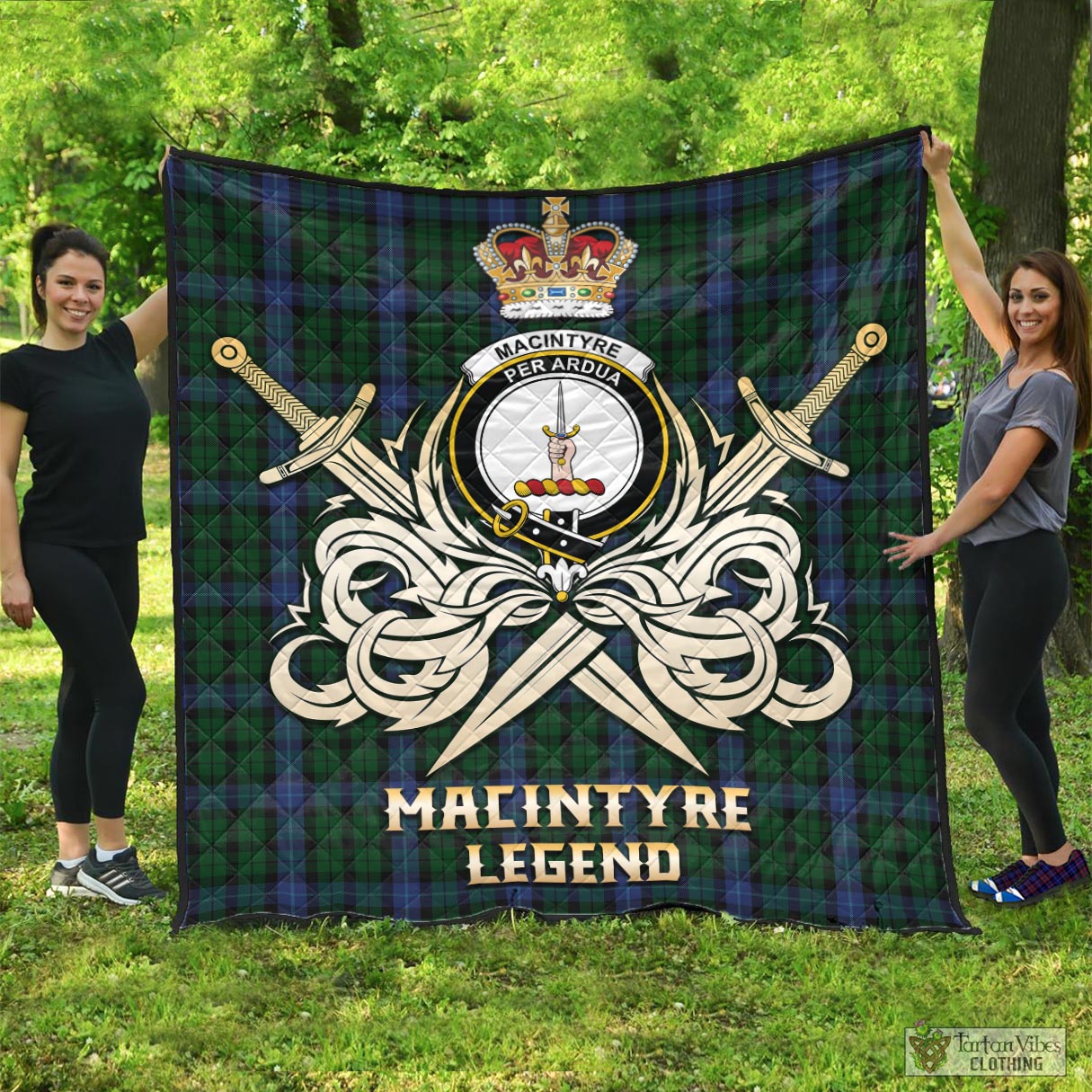 Tartan Vibes Clothing MacIntyre Tartan Quilt with Clan Crest and the Golden Sword of Courageous Legacy