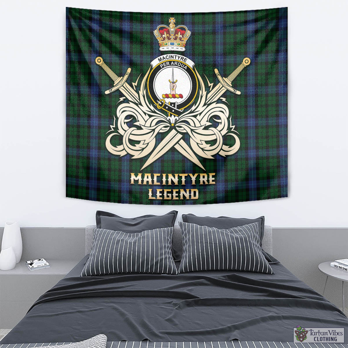 Tartan Vibes Clothing MacIntyre Tartan Tapestry with Clan Crest and the Golden Sword of Courageous Legacy