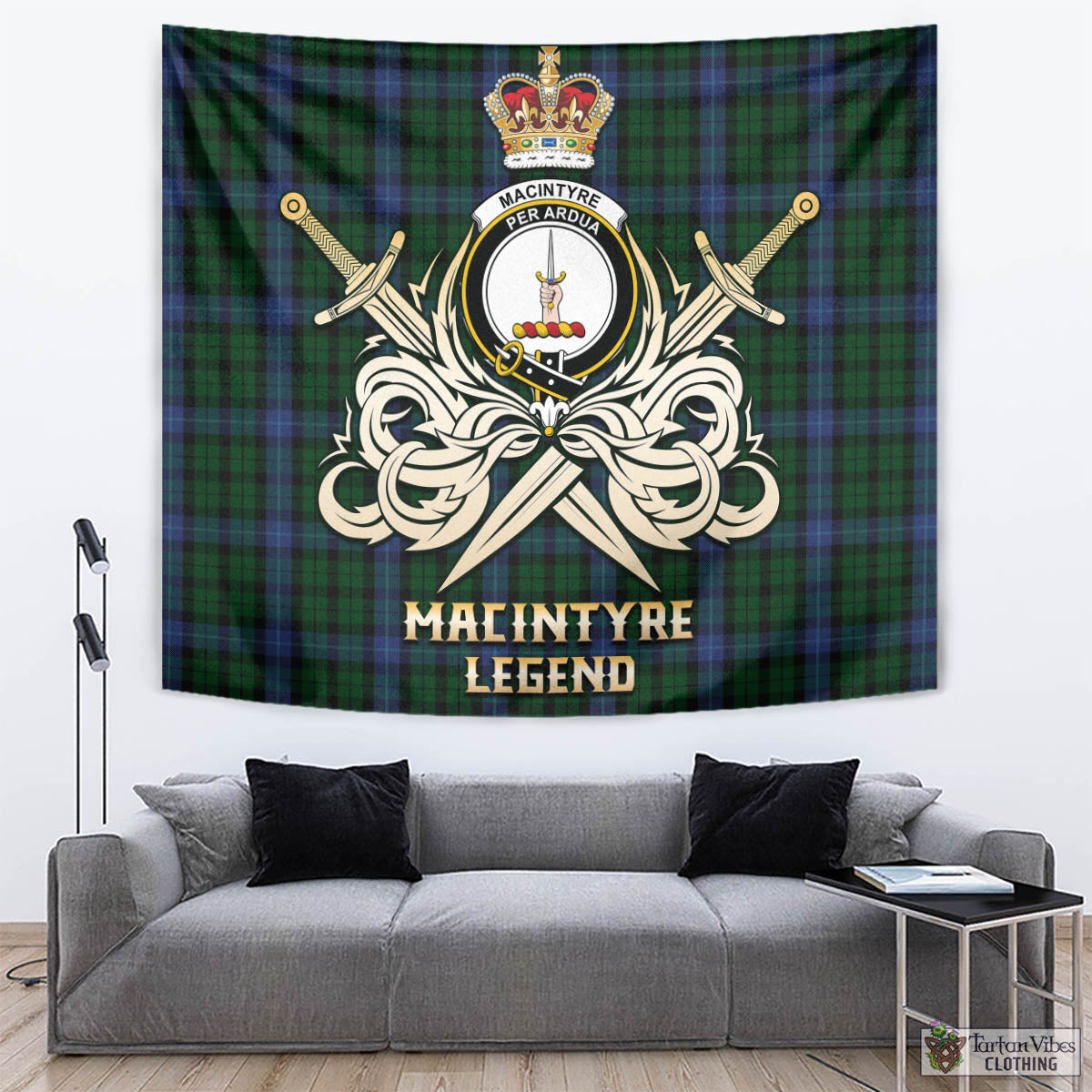 Tartan Vibes Clothing MacIntyre Tartan Tapestry with Clan Crest and the Golden Sword of Courageous Legacy