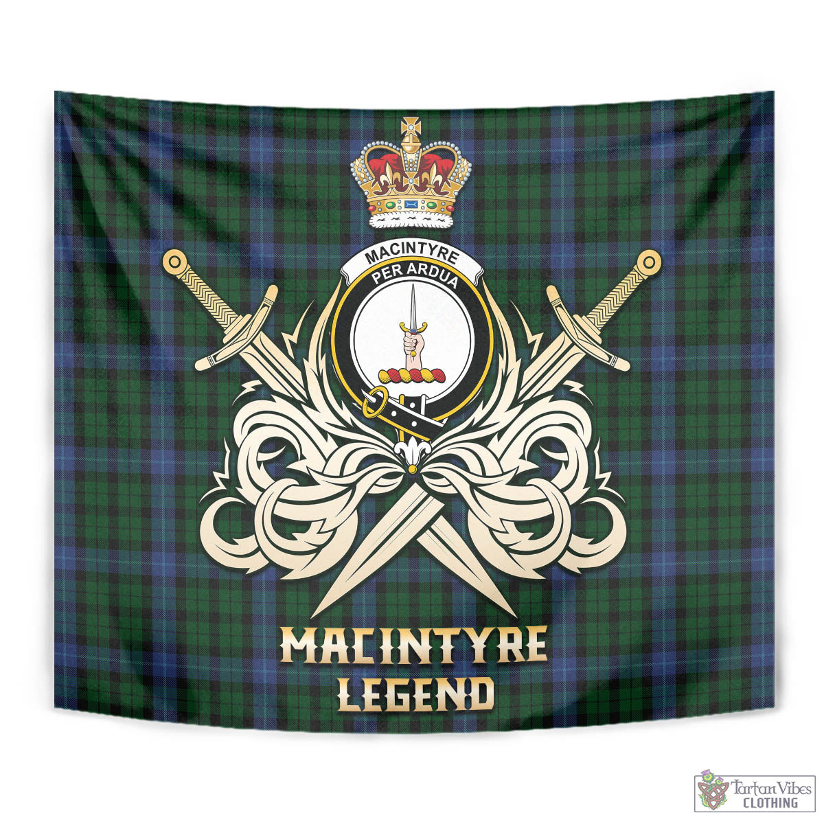 Tartan Vibes Clothing MacIntyre Tartan Tapestry with Clan Crest and the Golden Sword of Courageous Legacy