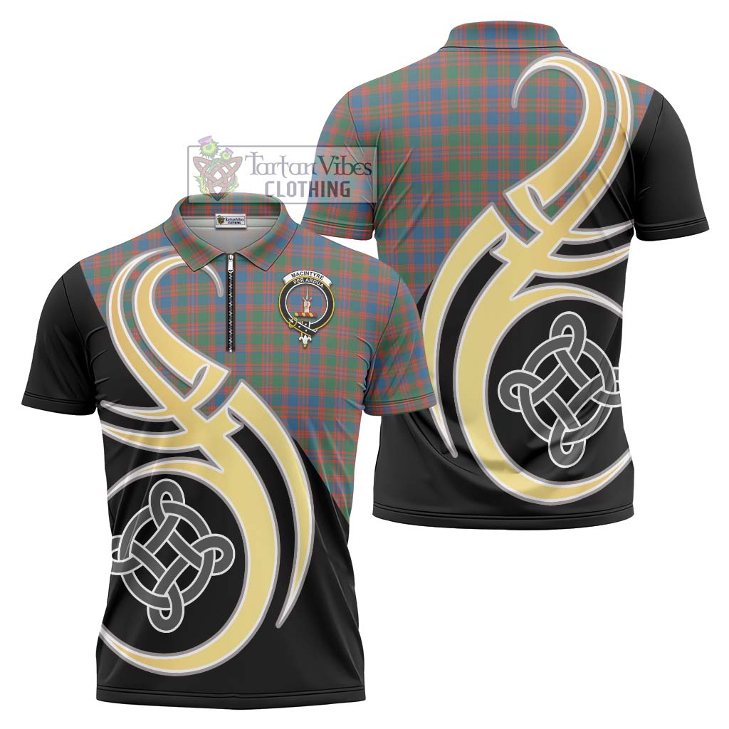 Tartan Vibes Clothing MacIntyre Ancient Tartan Zipper Polo Shirt with Family Crest and Celtic Symbol Style