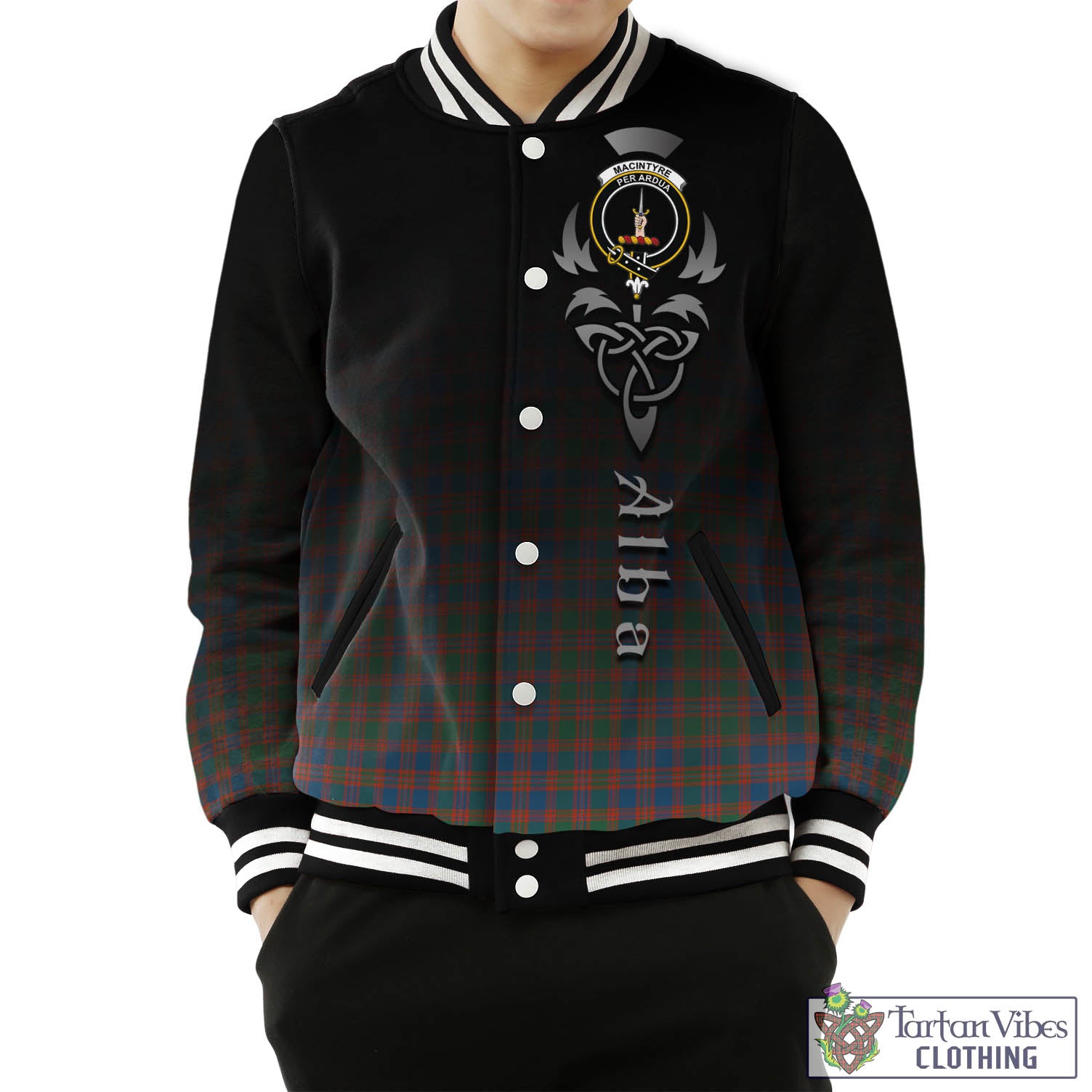 Tartan Vibes Clothing MacIntyre Ancient Tartan Baseball Jacket Featuring Alba Gu Brath Family Crest Celtic Inspired