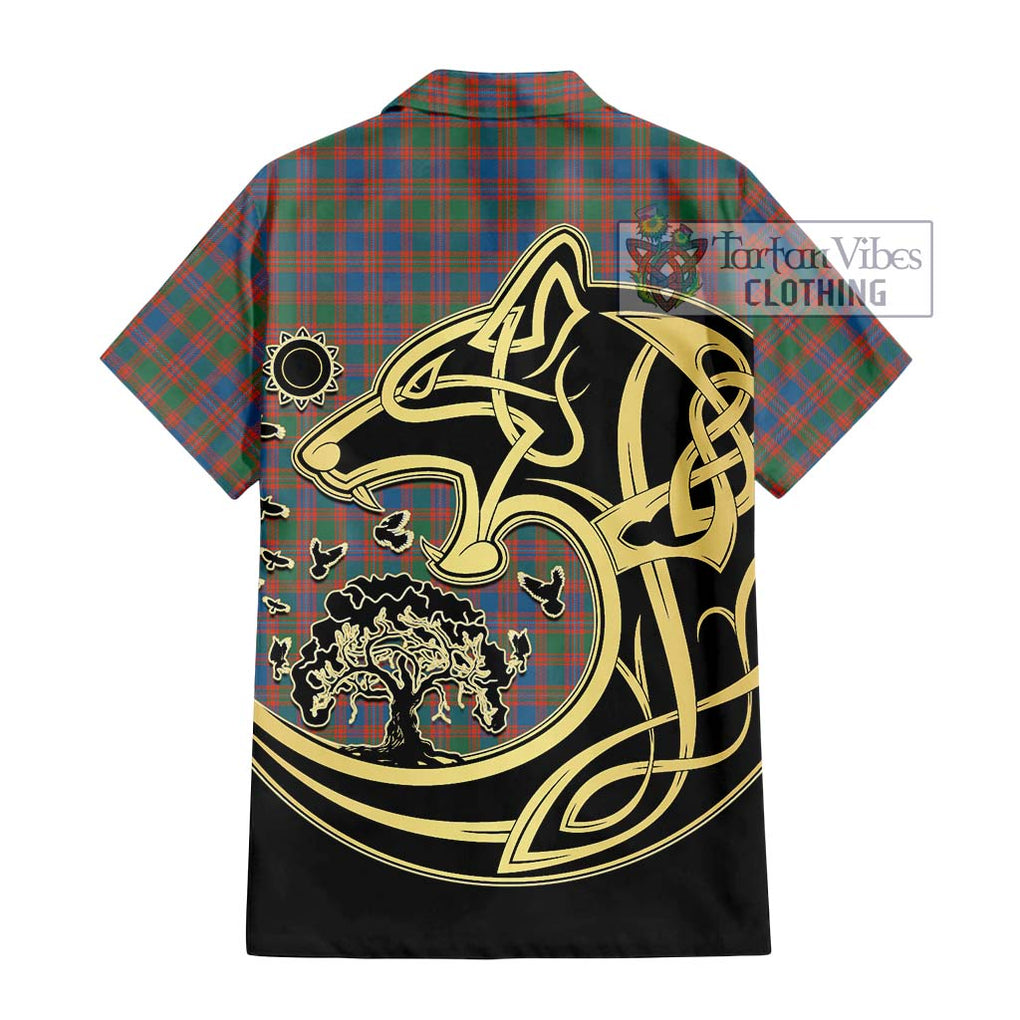 MacIntyre Ancient Tartan Short Sleeve Button Shirt with Family Crest Celtic Wolf Style - Tartan Vibes Clothing