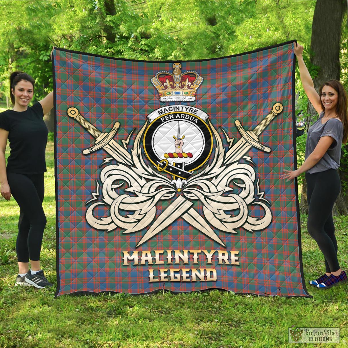 Tartan Vibes Clothing MacIntyre Ancient Tartan Quilt with Clan Crest and the Golden Sword of Courageous Legacy