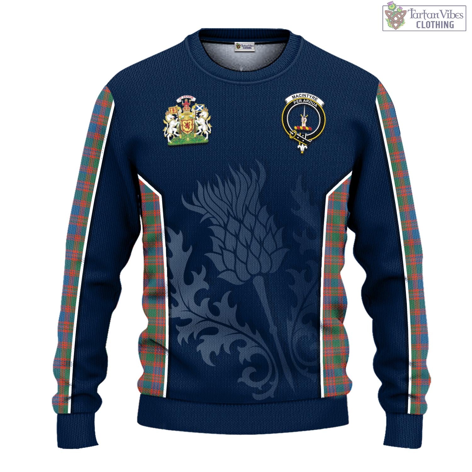 Tartan Vibes Clothing MacIntyre Ancient Tartan Knitted Sweatshirt with Family Crest and Scottish Thistle Vibes Sport Style