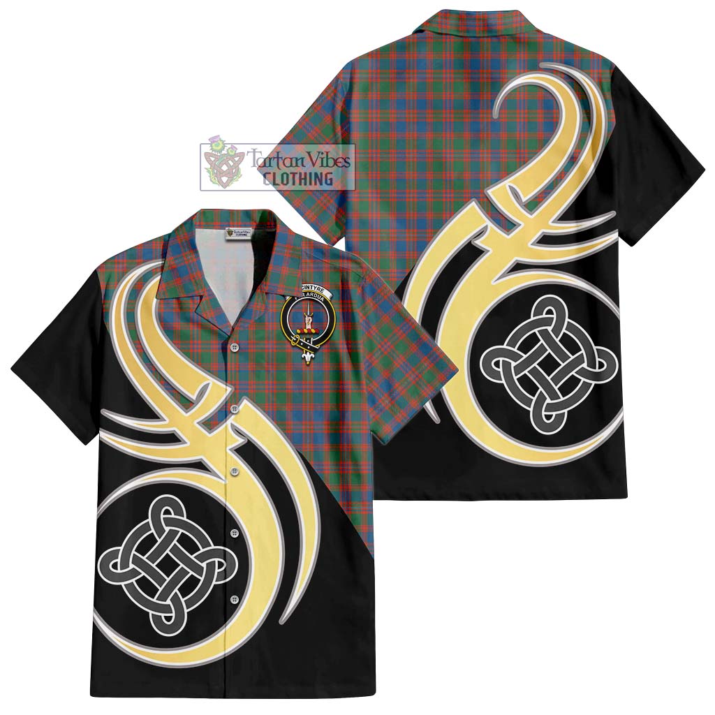 MacIntyre Ancient Tartan Short Sleeve Button Shirt with Family Crest and Celtic Symbol Style - Tartan Vibes Clothing