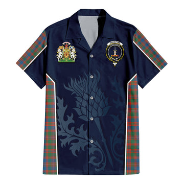 MacIntyre Ancient Tartan Short Sleeve Button Up Shirt with Family Crest and Scottish Thistle Vibes Sport Style