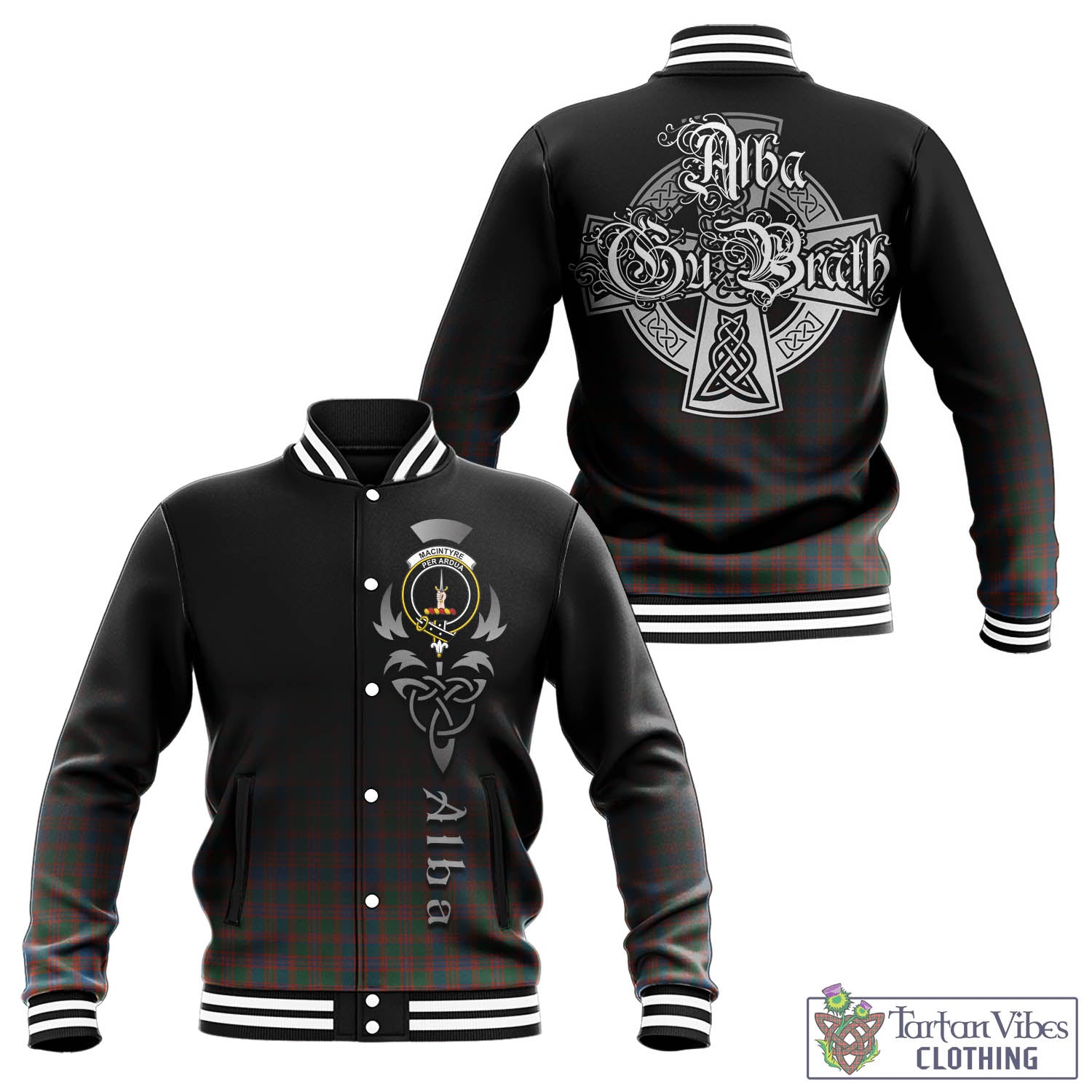 Tartan Vibes Clothing MacIntyre Ancient Tartan Baseball Jacket Featuring Alba Gu Brath Family Crest Celtic Inspired