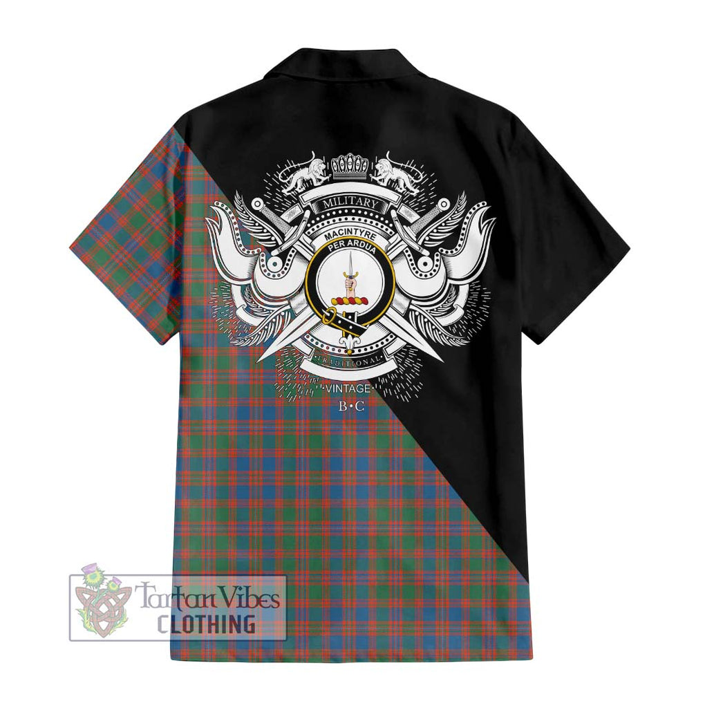 MacIntyre Ancient Tartan Short Sleeve Button Shirt with Family Crest and Military Logo Style - Tartanvibesclothing Shop