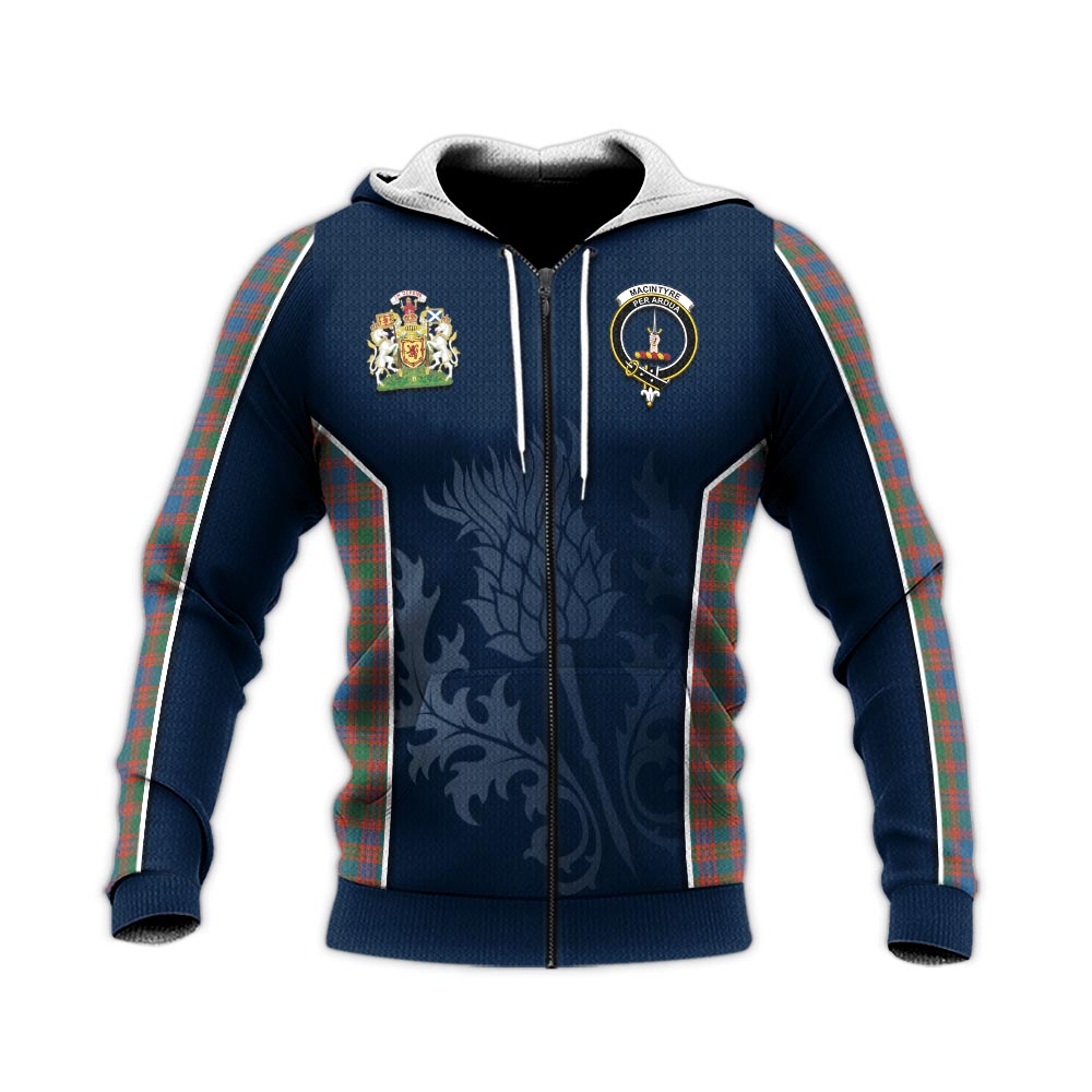 Tartan Vibes Clothing MacIntyre Ancient Tartan Knitted Hoodie with Family Crest and Scottish Thistle Vibes Sport Style