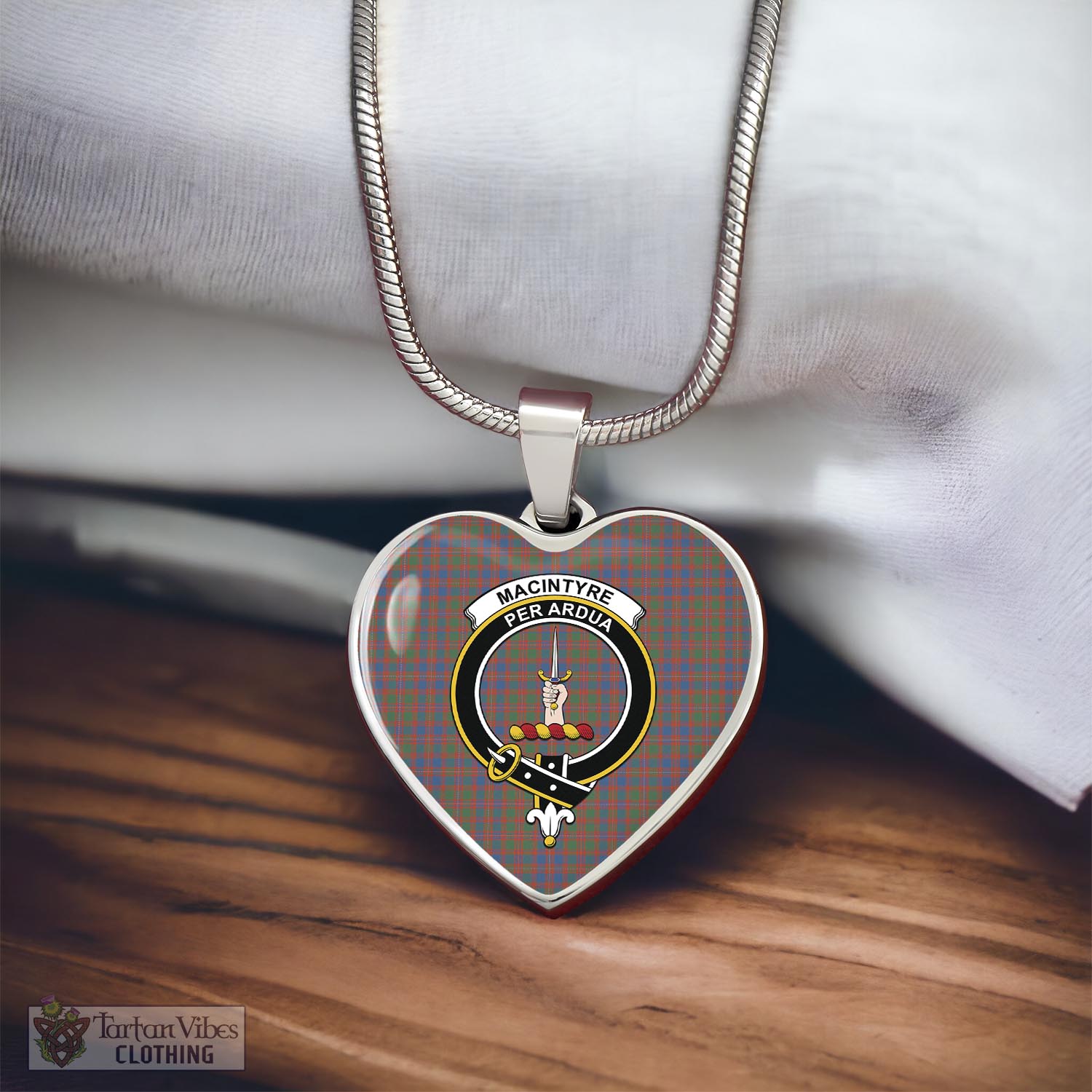 Tartan Vibes Clothing MacIntyre Ancient Tartan Heart Necklace with Family Crest