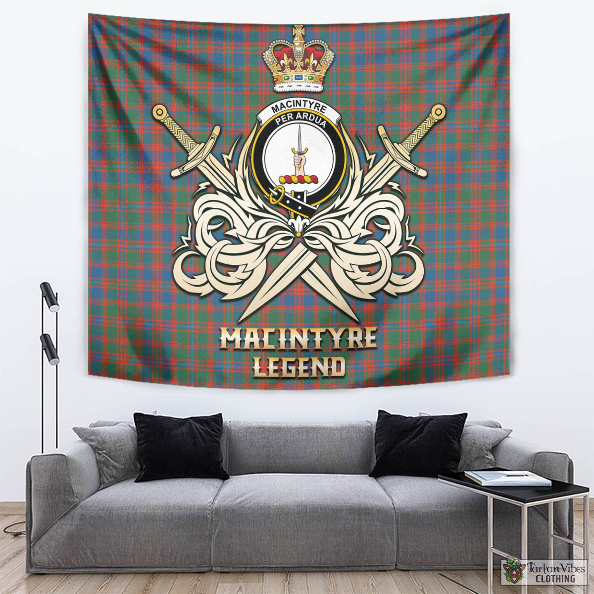 Tartan Vibes Clothing MacIntyre Ancient Tartan Tapestry with Clan Crest and the Golden Sword of Courageous Legacy