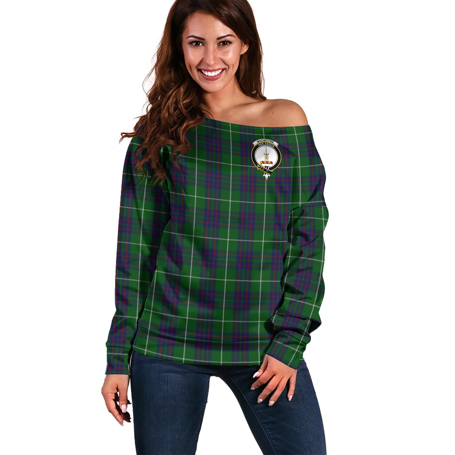 MacIntyre Hunting Tartan Off Shoulder Women Sweater with Family Crest Women - Tartanvibesclothing