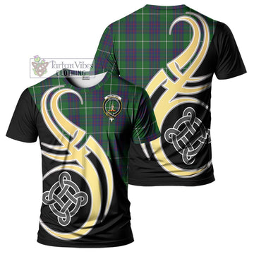MacIntyre Hunting Tartan T-Shirt with Family Crest and Celtic Symbol Style
