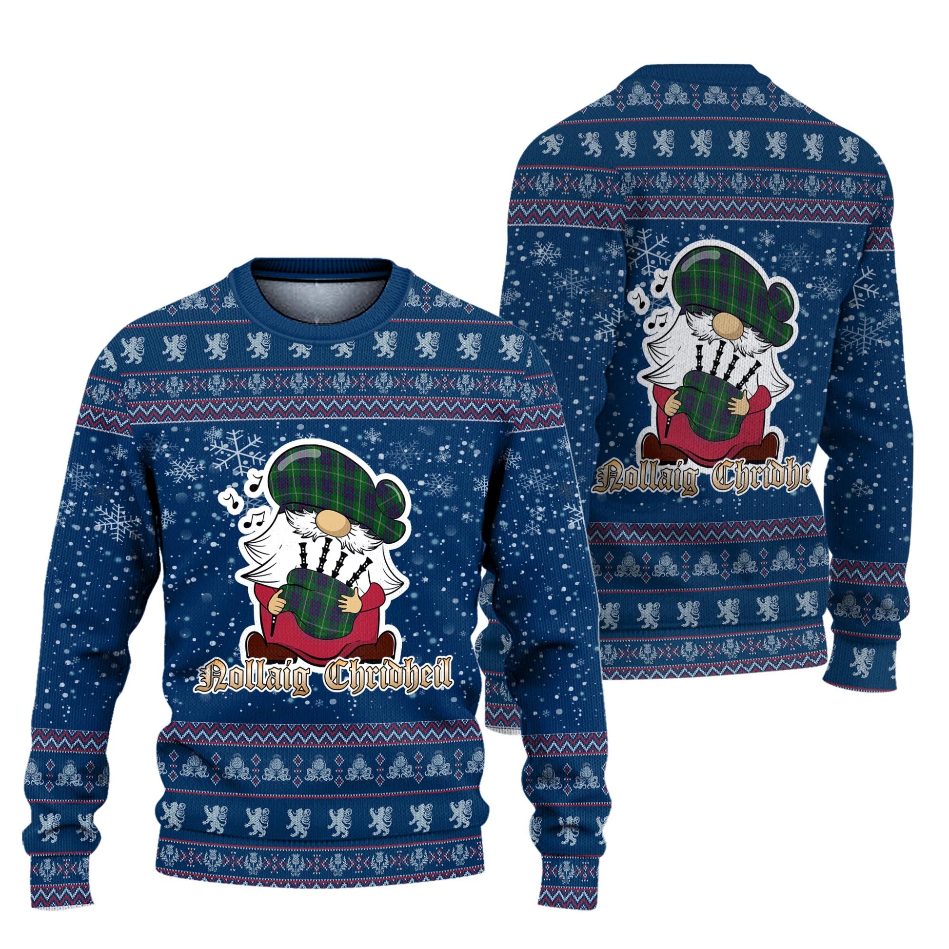 MacIntyre Hunting Clan Christmas Family Knitted Sweater with Funny Gnome Playing Bagpipes Unisex Blue - Tartanvibesclothing