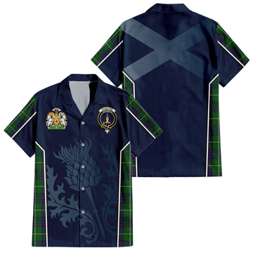 MacIntyre Hunting Tartan Short Sleeve Button Up Shirt with Family Crest and Scottish Thistle Vibes Sport Style
