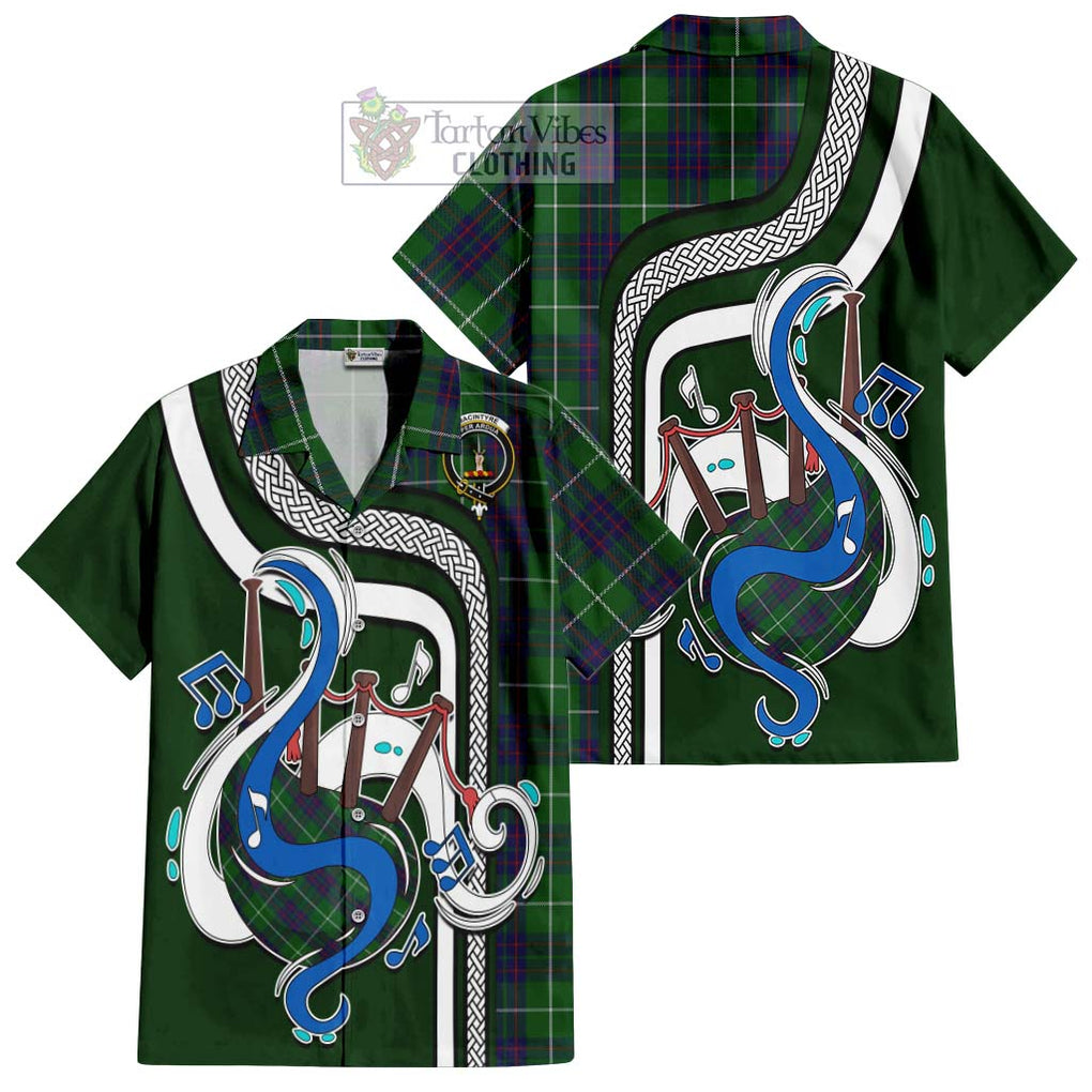 MacIntyre Hunting Tartan Short Sleeve Button Shirt with Epic Bagpipe Style Kid - Tartanvibesclothing Shop