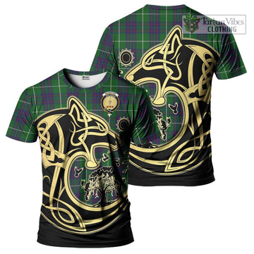 MacIntyre Hunting Tartan T-Shirt with Family Crest Celtic Wolf Style