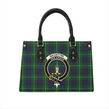 MacIntyre Hunting Tartan Leather Bag with Family Crest