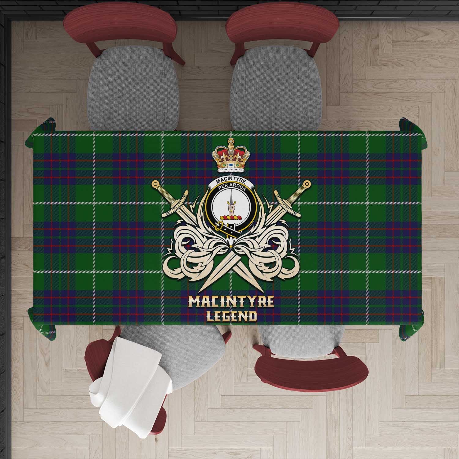 Tartan Vibes Clothing MacIntyre Hunting Tartan Tablecloth with Clan Crest and the Golden Sword of Courageous Legacy