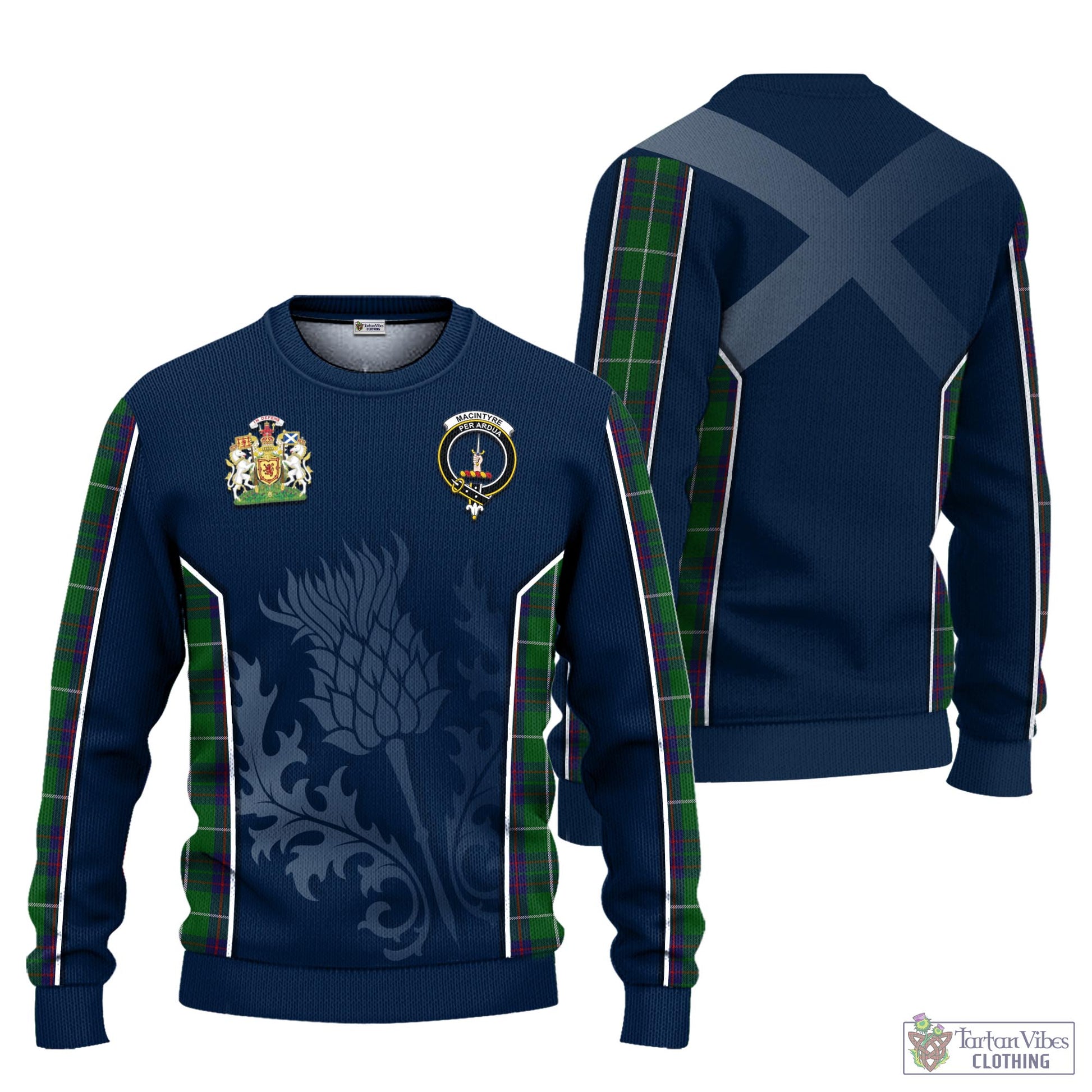 Tartan Vibes Clothing MacIntyre Hunting Tartan Knitted Sweatshirt with Family Crest and Scottish Thistle Vibes Sport Style