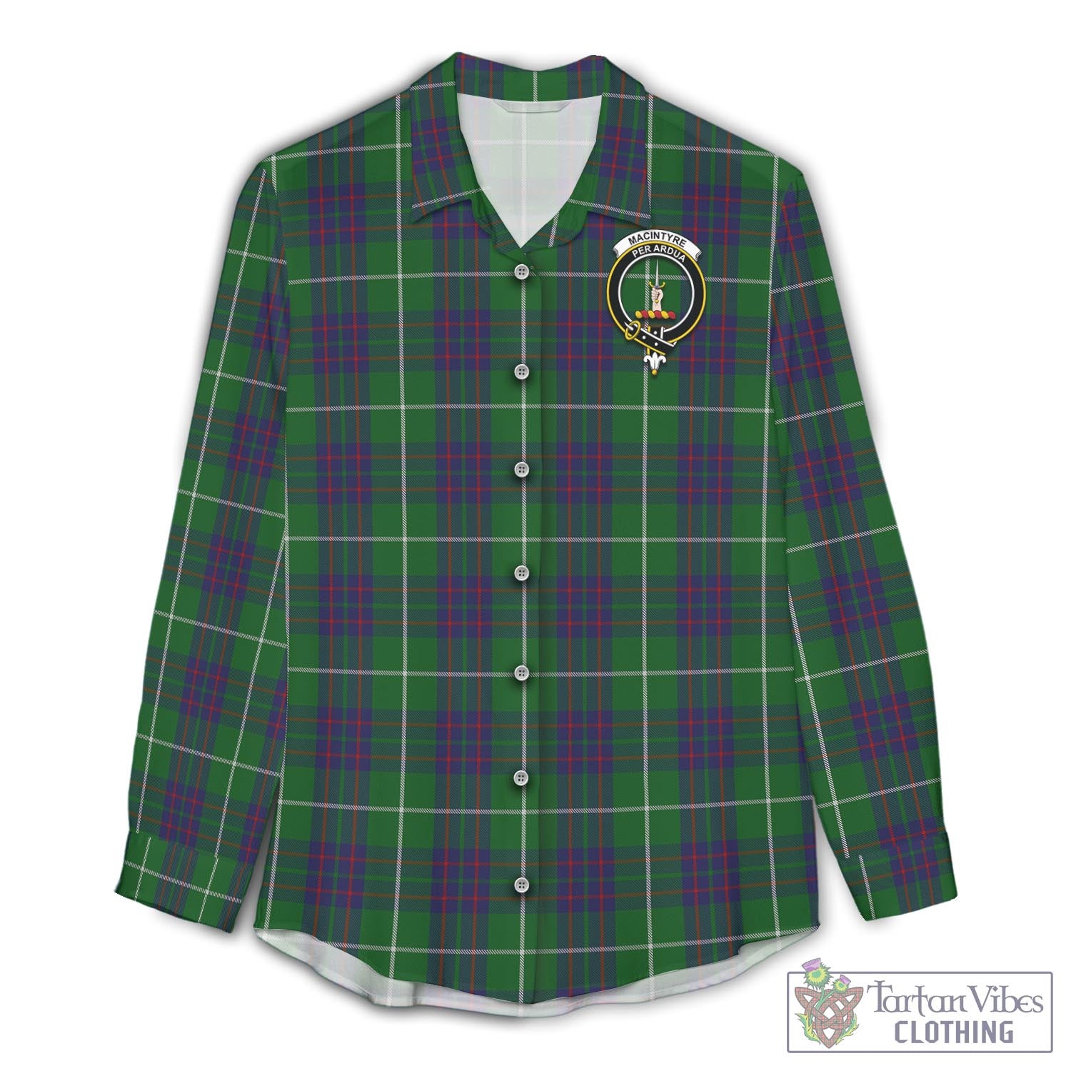 Tartan Vibes Clothing MacIntyre Hunting Tartan Womens Casual Shirt with Family Crest