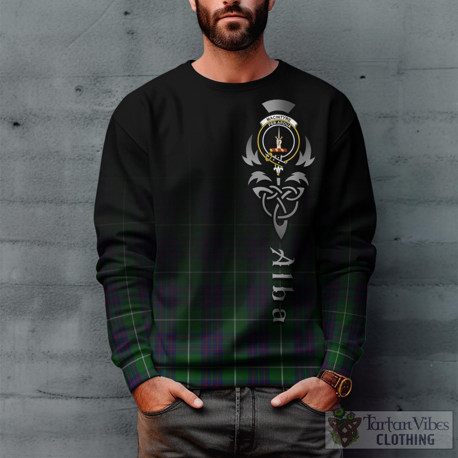 Tartan Vibes Clothing MacIntyre Hunting Tartan Sweatshirt Featuring Alba Gu Brath Family Crest Celtic Inspired