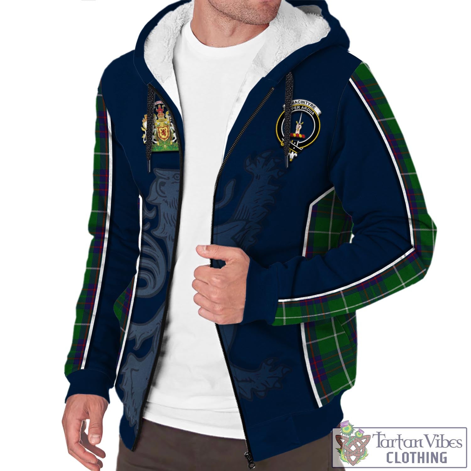 Tartan Vibes Clothing MacIntyre Hunting Tartan Sherpa Hoodie with Family Crest and Lion Rampant Vibes Sport Style